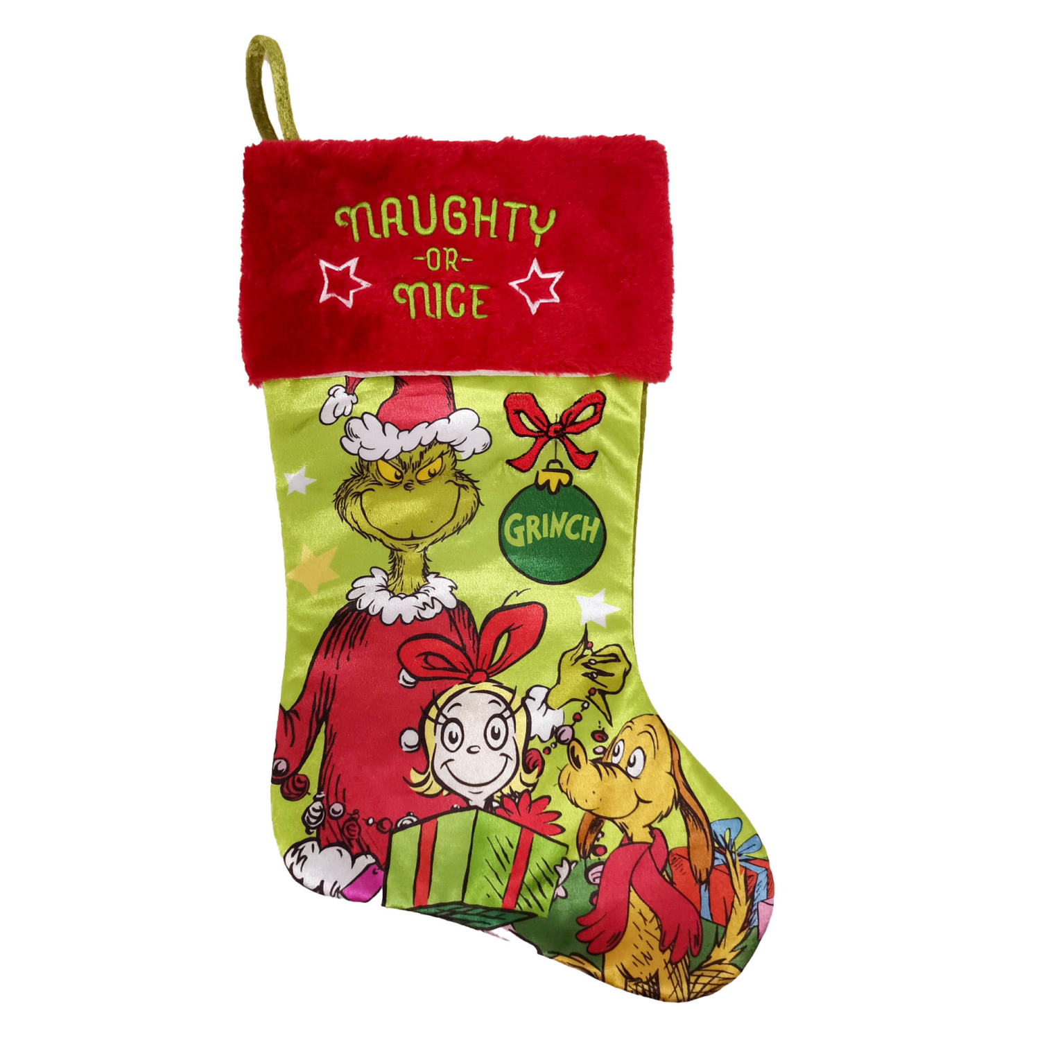 slide 1 of 3, Rudolph Grinch 20" Satin Stocking 2 Ast, 20 in