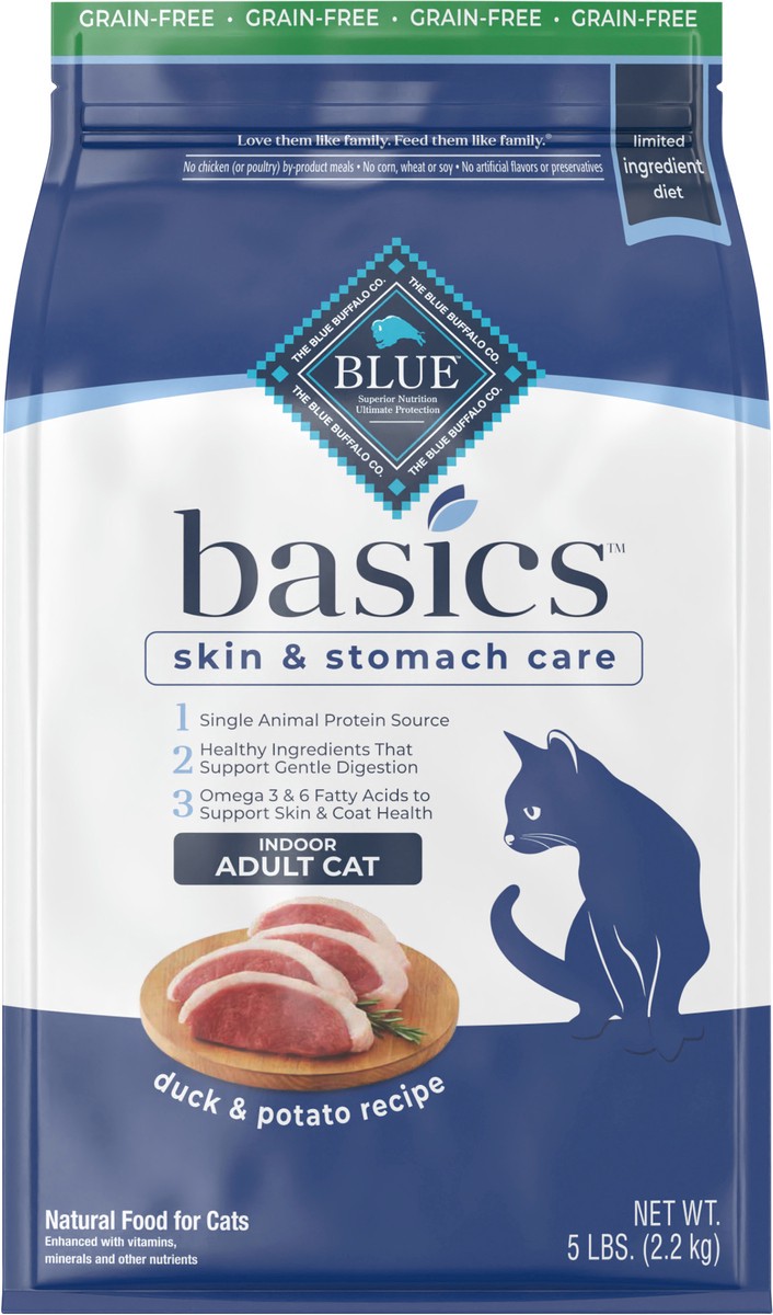 slide 2 of 12, Blue Buffalo Blue Basics Limited Ingredient Grain Free Duck & Potato Indoor Adult Cat Food, 5 lb