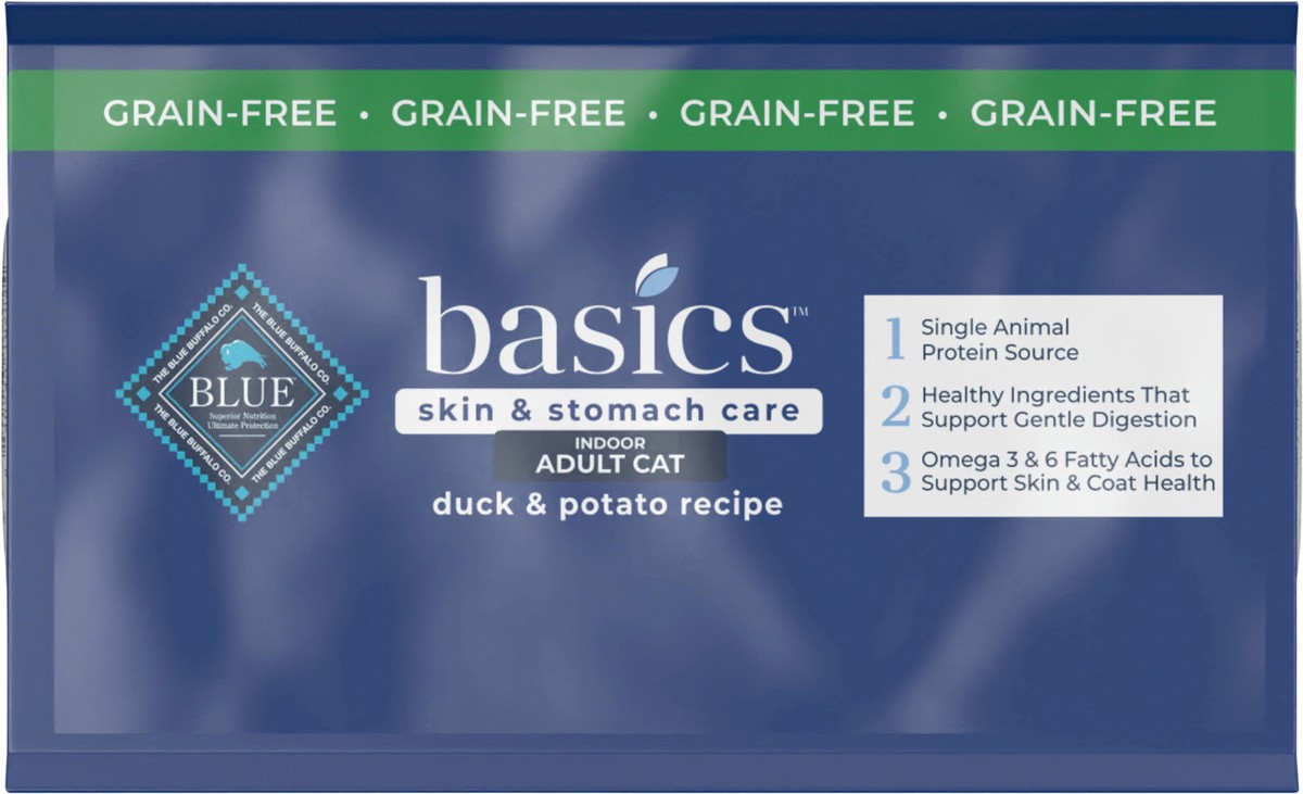 slide 3 of 12, Blue Buffalo Blue Basics Limited Ingredient Grain Free Duck & Potato Indoor Adult Cat Food, 5 lb