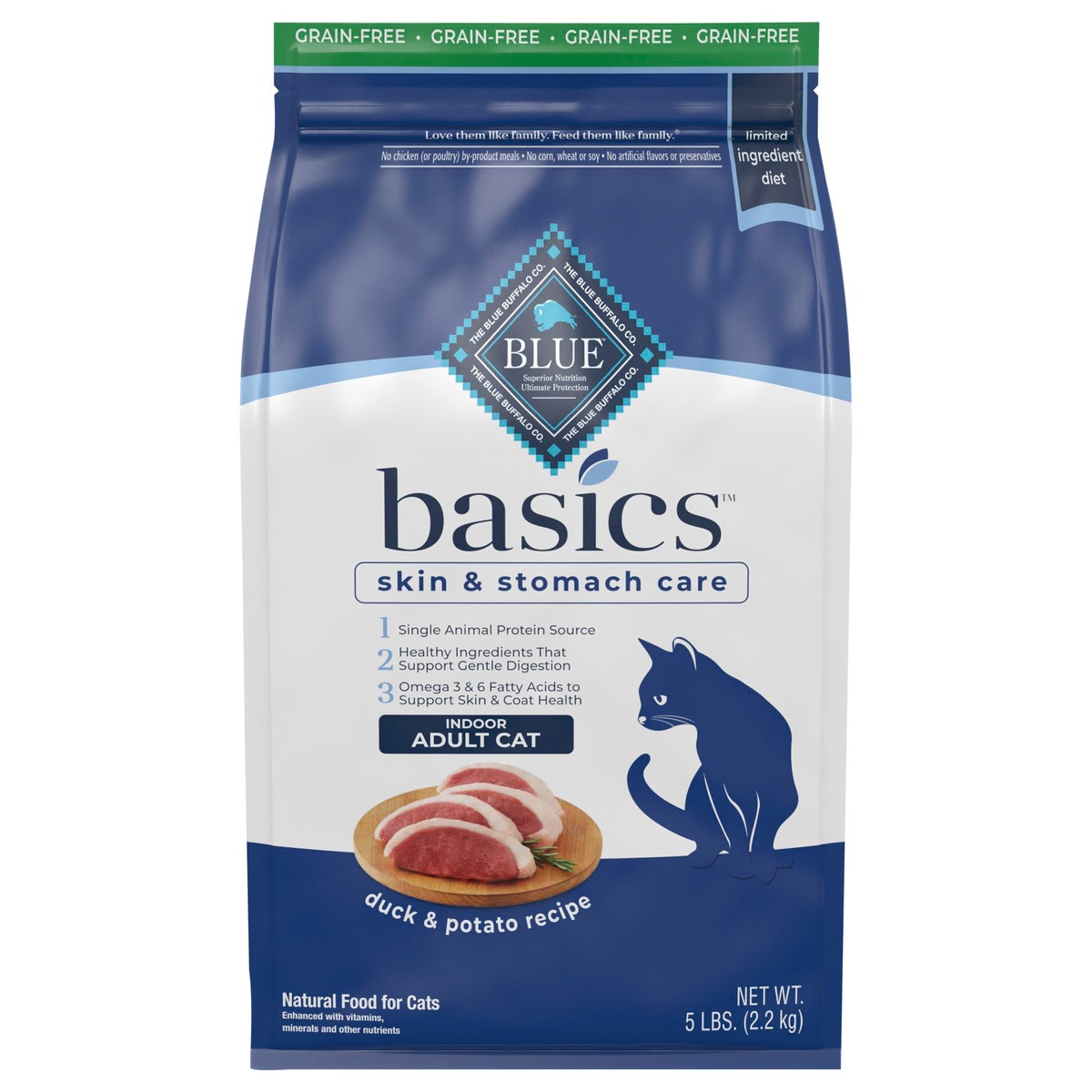 slide 1 of 12, Blue Buffalo Basics Skin & Stomach Care Grain Free, Natural Indoor Adult Dry Cat Food, Duck & Potato 5-lb, 5 lb