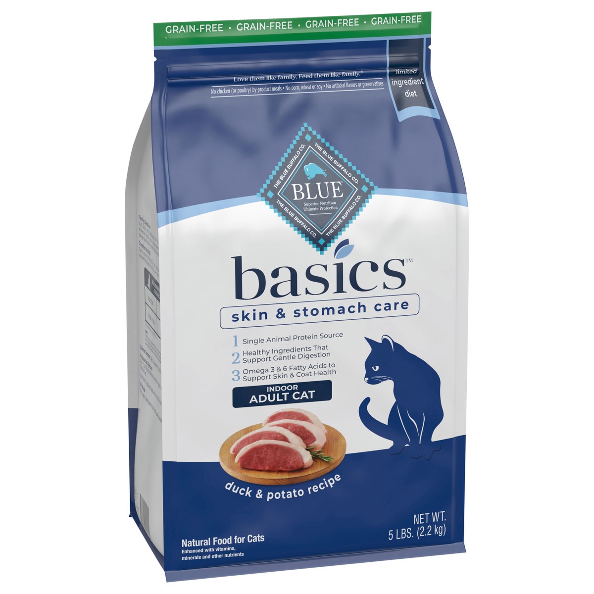 slide 9 of 12, Blue Buffalo Blue Basics Limited Ingredient Grain Free Duck & Potato Indoor Adult Cat Food, 5 lb