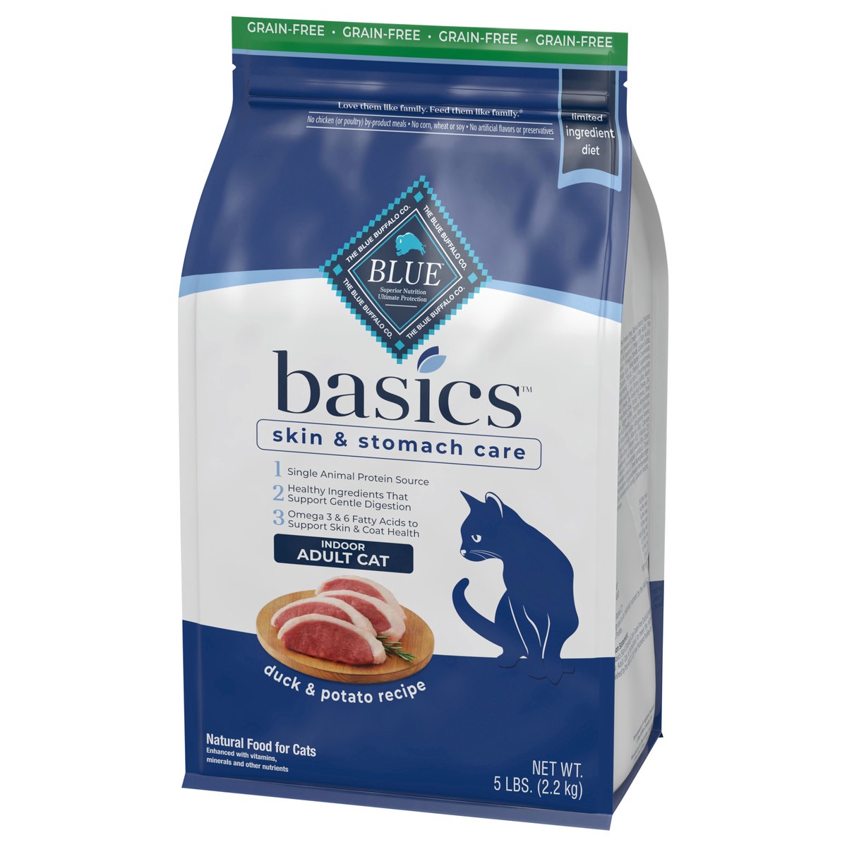 slide 10 of 12, Blue Buffalo Blue Basics Limited Ingredient Grain Free Duck & Potato Indoor Adult Cat Food, 5 lb