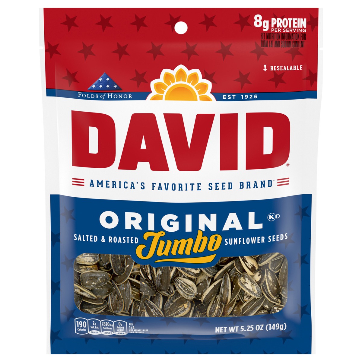 slide 1 of 10, DAVID Roasted and Salted Original Jumbo Sunflower Seeds, Keto Friendly Snack, 5.25 oz. Bag, 5.25 oz