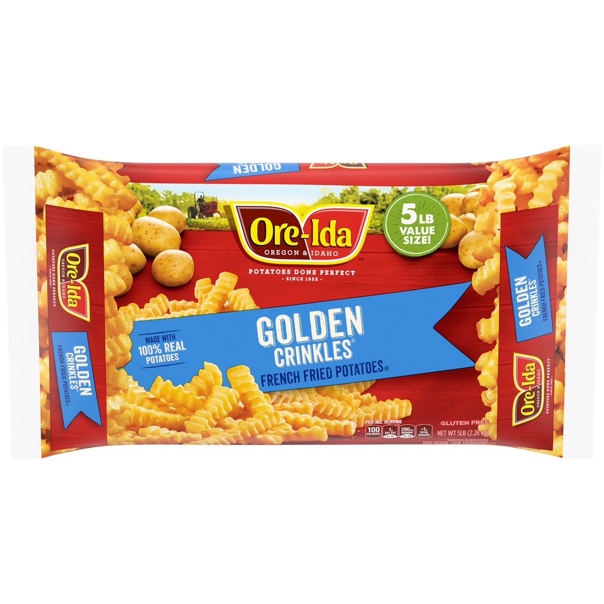 slide 1 of 9, Ore-Ida Golden Crinkles French Fries Fried Frozen Potatoes Value Size, 5 lb Bag, 5 lb