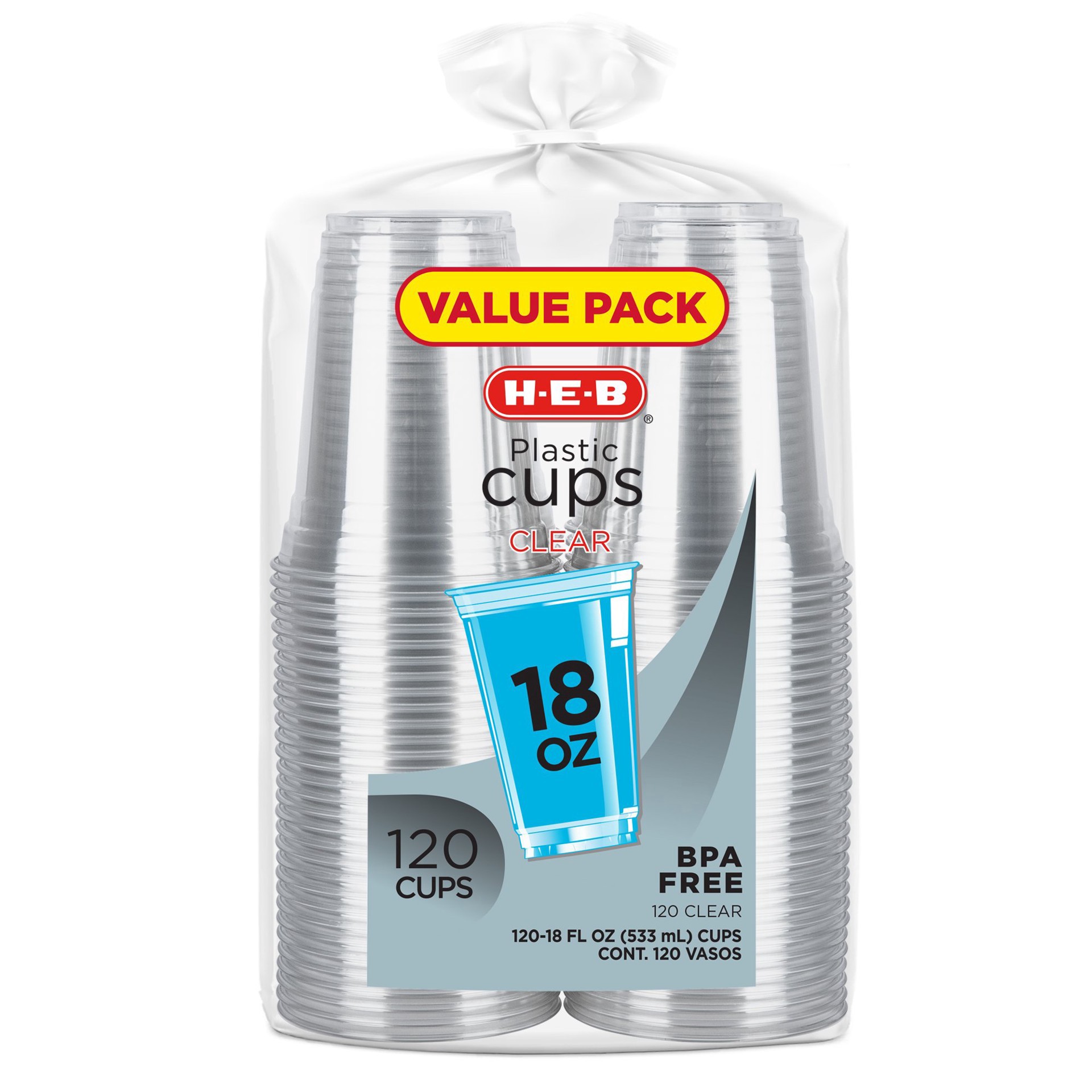 slide 1 of 1, H-E-B 18 oz Clear Plastic Cups, 120 ct