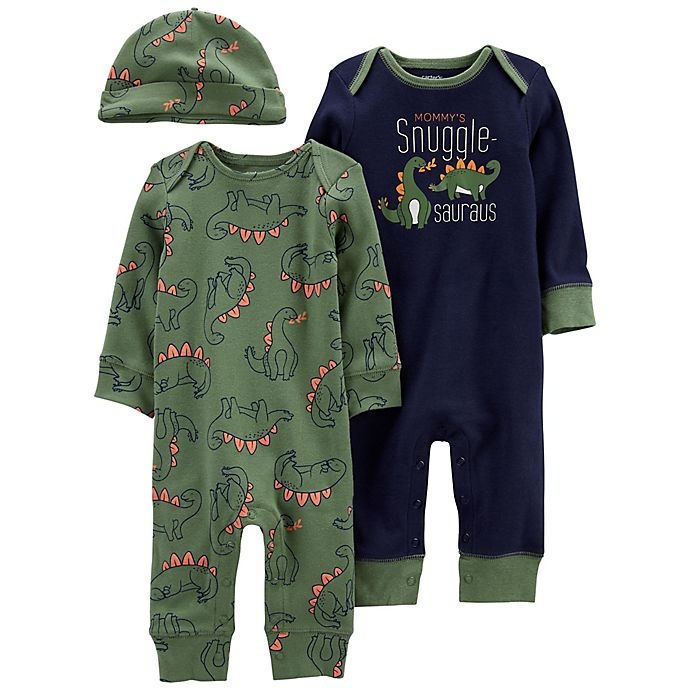 slide 1 of 1, Carter's newborn Snuggle Dino Multicolor Jumpsuits & Cap Set, 3 ct