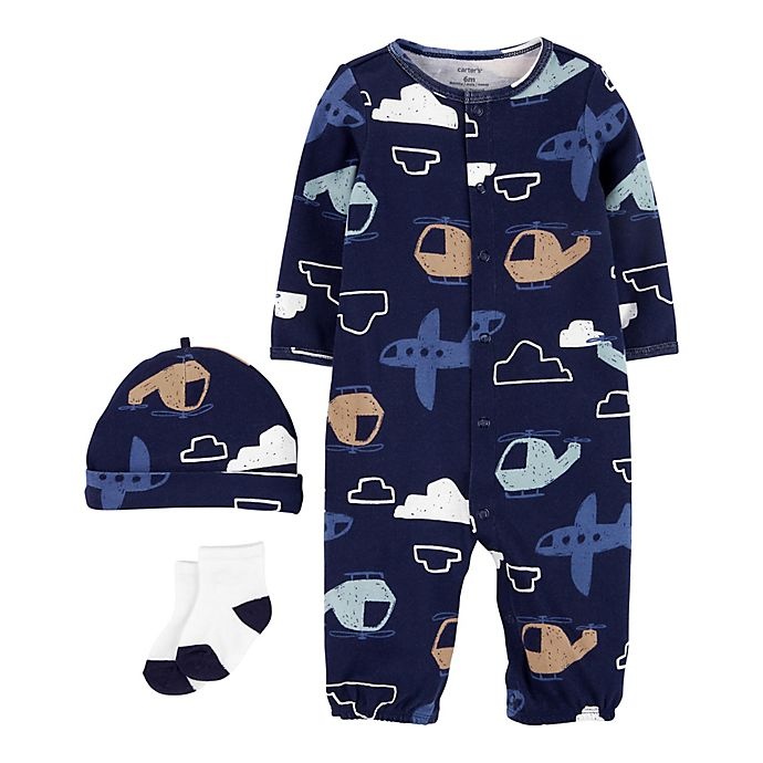 slide 1 of 1, Carter's Newborn Dino Print Take-Me-Home Converter Gown, Cap and Sock Set - Navy, 3 ct