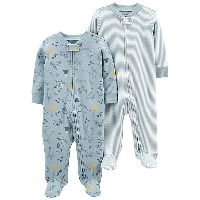 slide 1 of 1, Carter's Newborn Dino/Stripe Cotton Zip-Up Sleep & Plays - Blue, 2 ct