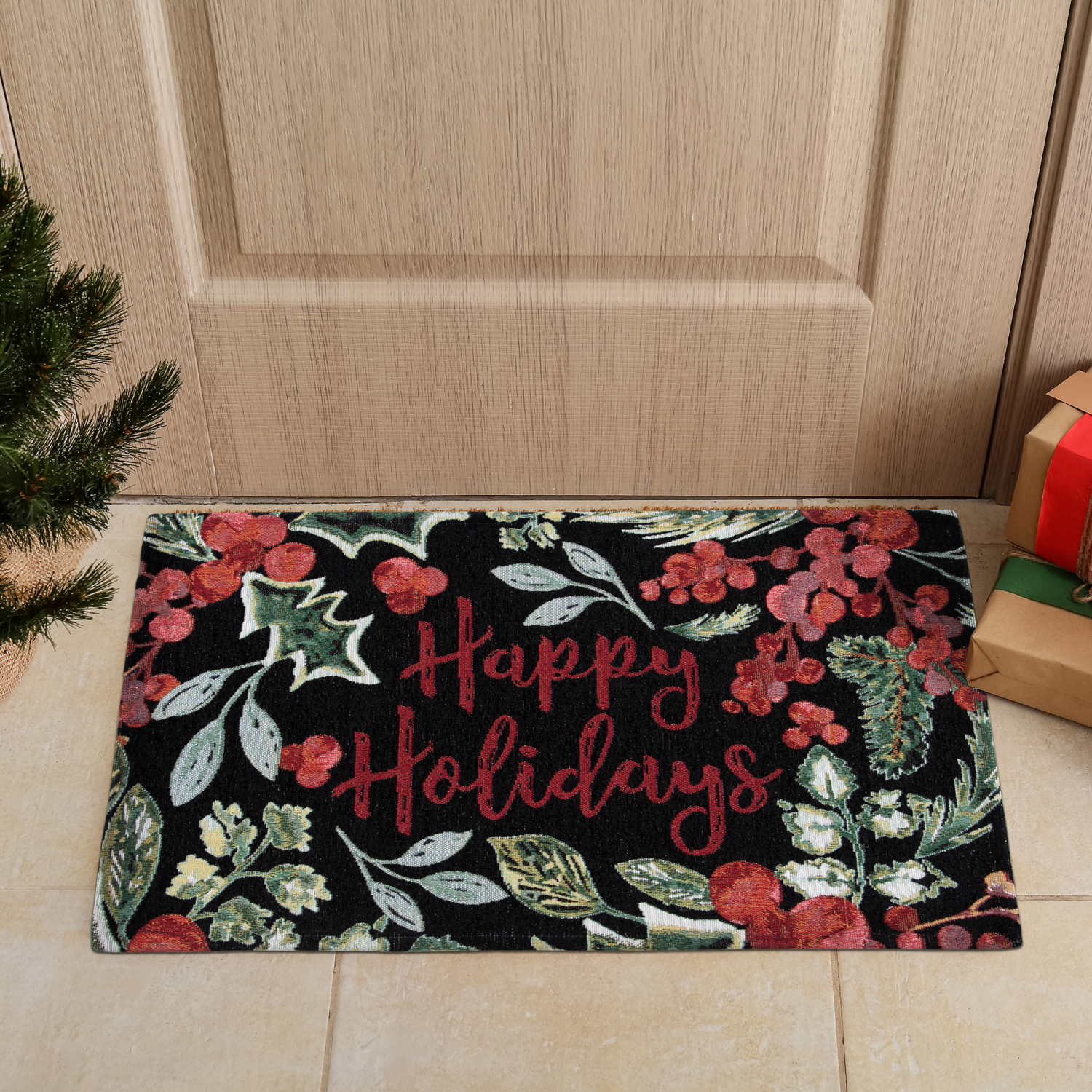 slide 3 of 6, Firewood & Fir Glitz Happy Holiday's Accent Rug, 18 In X 30 In, Black, 1 ct