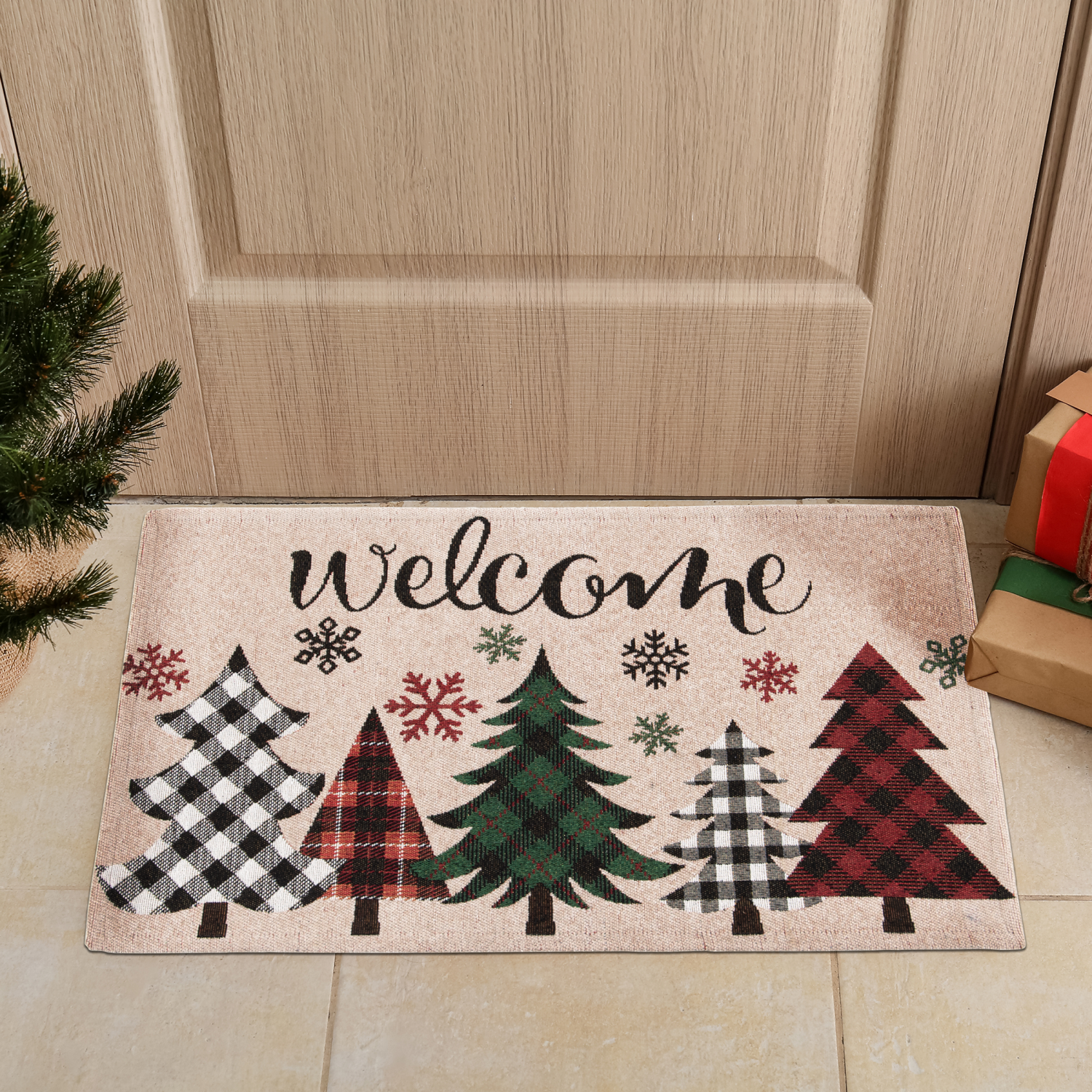 slide 3 of 6, Firewood & Fir Glitz Welcome Plaid Trees Accent Rug, 18 in x 30 in, Natural, 1 ct