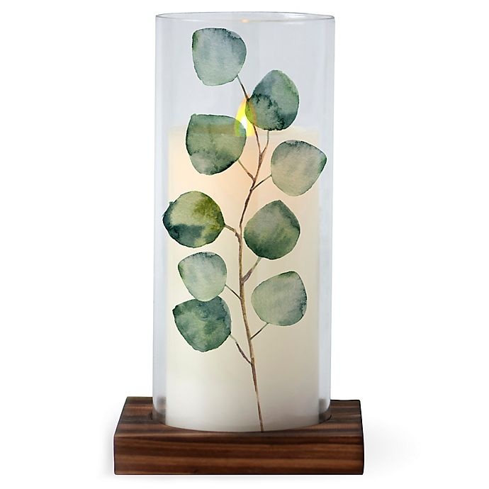 slide 1 of 4, Luminara Large Eucalyptus Glass Hurricane with Real-Flame Effect Pillar Candle, 1 ct