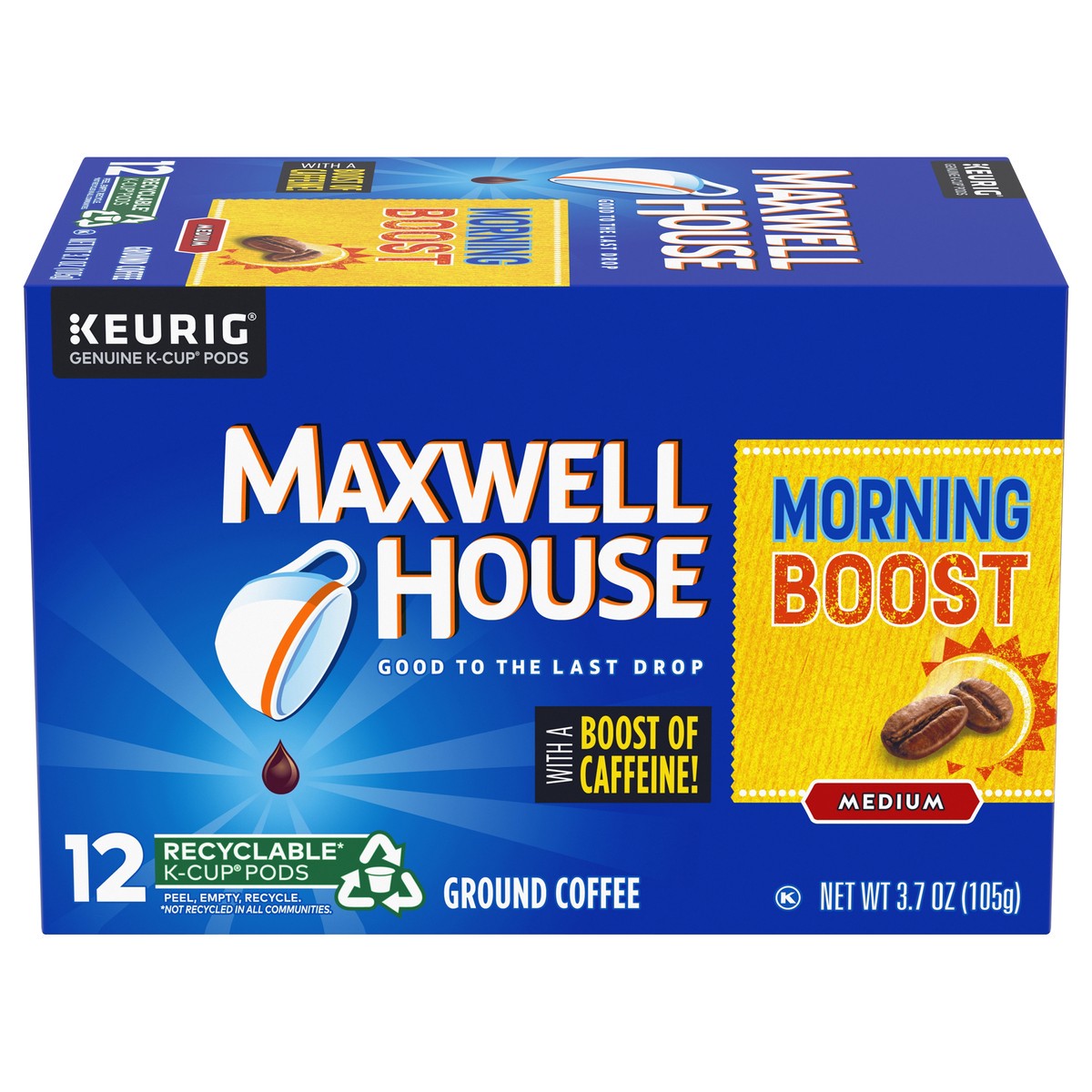 slide 1 of 4, Maxwell House Morning Boost Medium Roast K-Cup Coffee Pods with a Boost of Caffeine, 12 ct Box, 12 ct