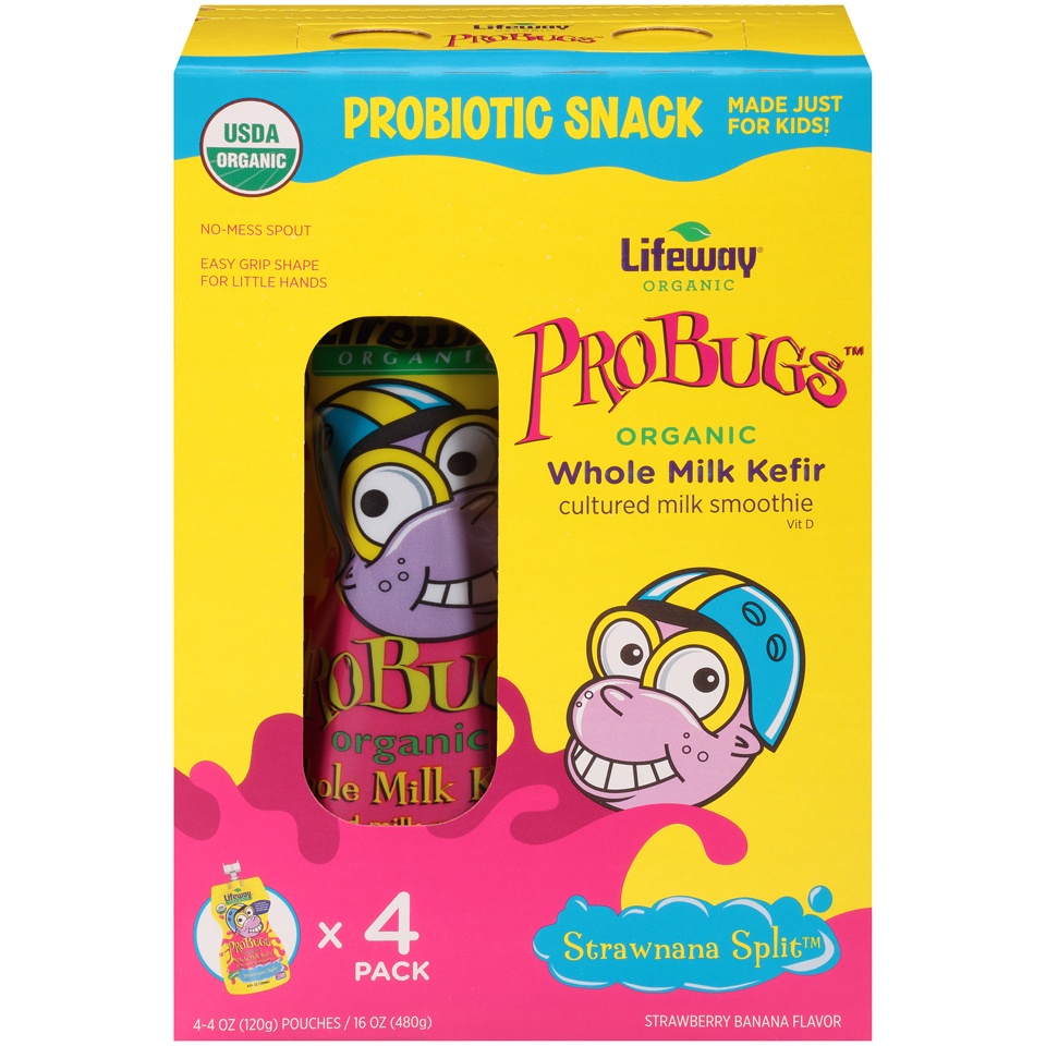 slide 1 of 1, Lifeway Probugs Strawnana Split Organic Whole Milk Kefir Cultured Milk Smoothie 44 Oz Box, 4 ct; 120 gram