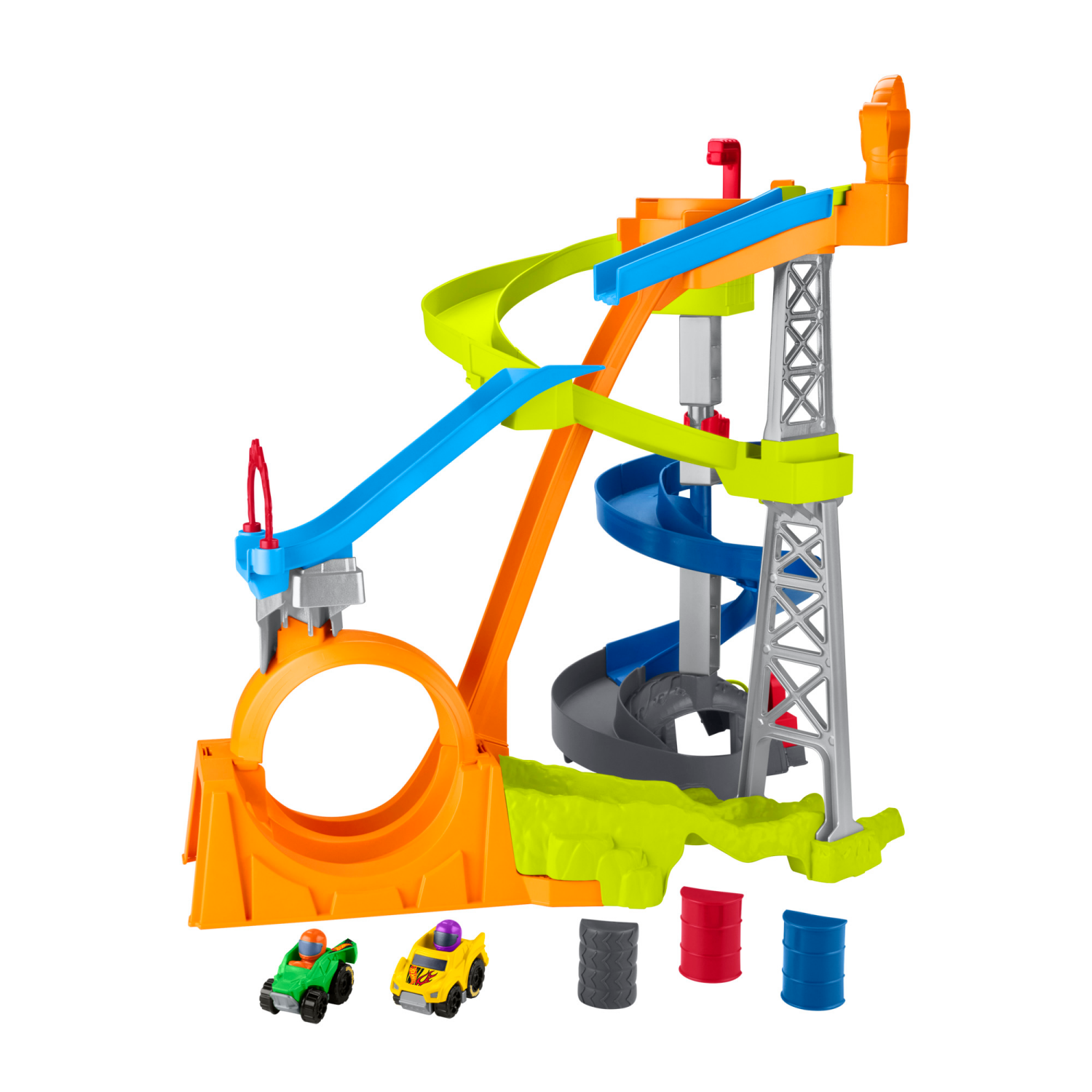 slide 3 of 6, Fisher-Price Little People Hot Wheels Spiral Stunt Speedway Toddler Race Track Playset 2 Toy Cars, 1 ct