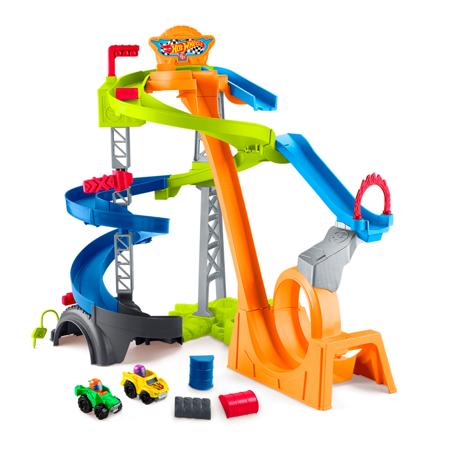slide 5 of 6, Fisher-Price Little People Hot Wheels Spiral Stunt Speedway Toddler Race Track Playset 2 Toy Cars, 1 ct