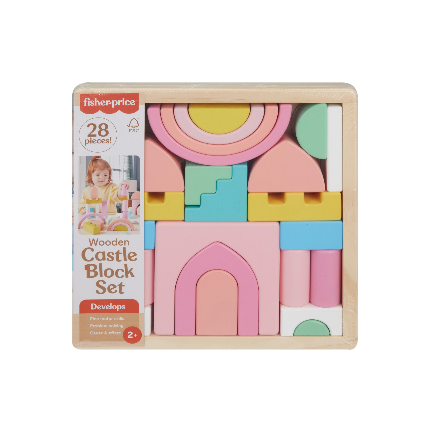 slide 1 of 5, Fisher-Price Fisher-Price Wooden Castle Block Set Toddler Stacking Toy, 28 Wood Pieces, 1 ct