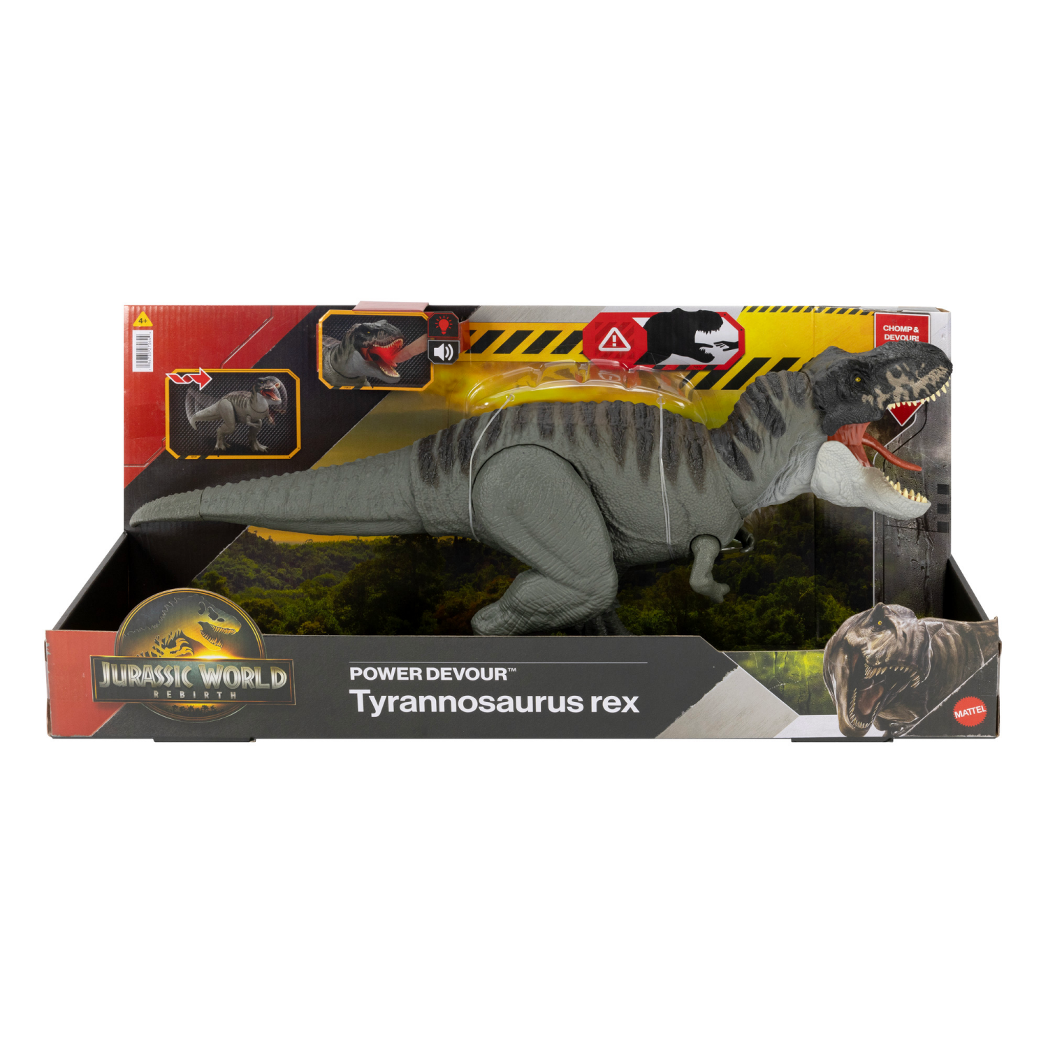 slide 1 of 5, Jurassic World Rebirth Power Devour Tyrannosaurus Rex Dinosaur Figure, Constant Chomp Lights & Sound, 1 ct