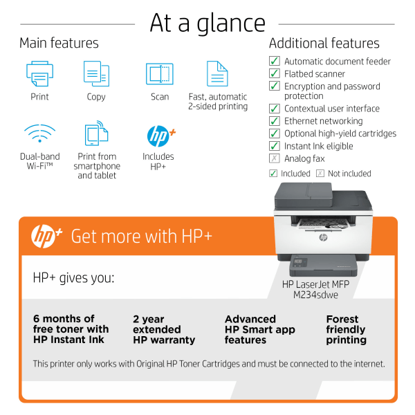 slide 4 of 10, HP Laserjet Mfp M234Sdwe Wireless Black & White All-In-One Printer With HP+ (6Gx01E), 1 ct