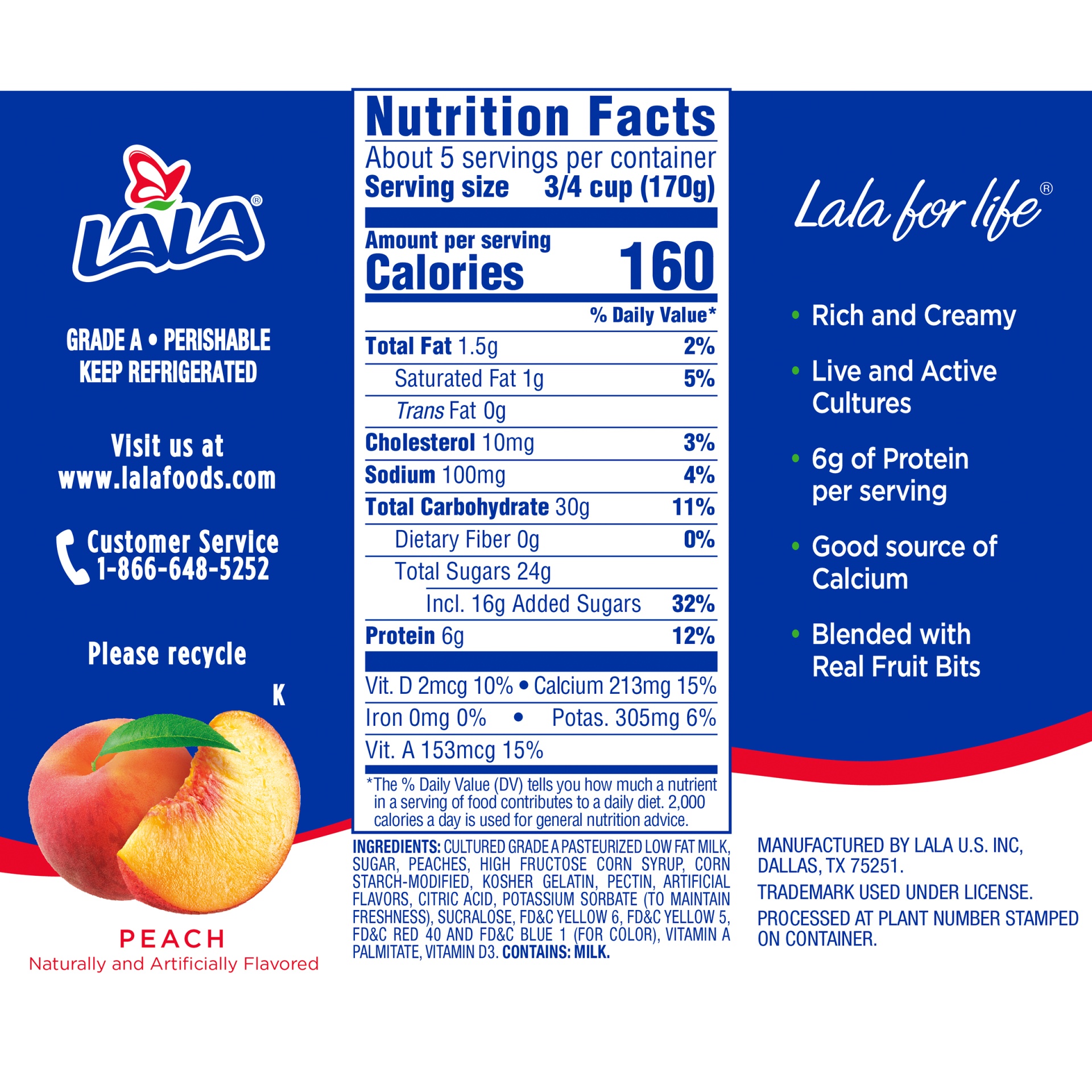 slide 5 of 5, LALA Low-Fat Peach Yogurt, 6 ct; 32 oz