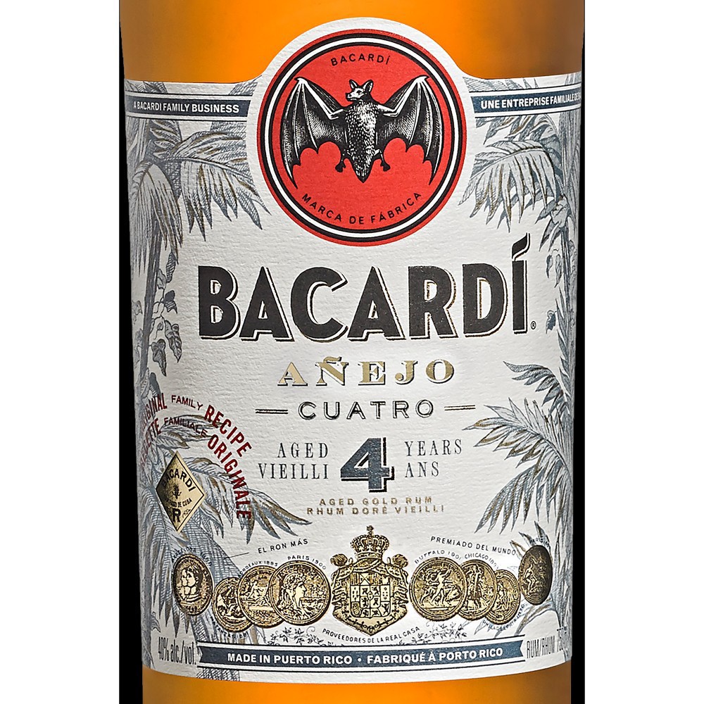 slide 3 of 7, Bacardí Bacardi Anejo Cuatro Aged Gold Rum, Gluten Free 40% 75Cl/750Ml, 750 ml
