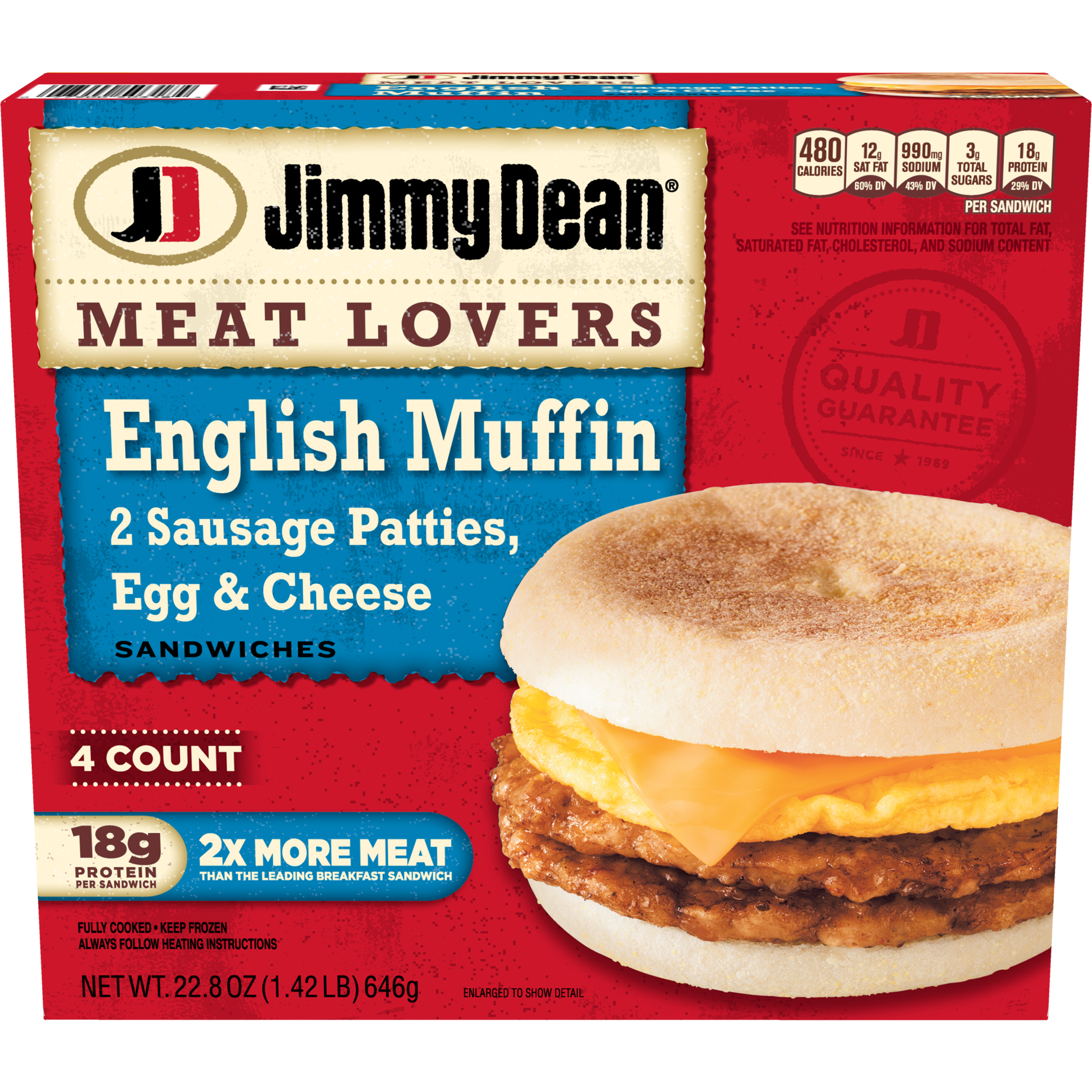 slide 1 of 6, Jimmy Dean Meat Lovers English Muffin Breakfast Sandwiches with Two Sausage Patties, Egg, and Cheese, Frozen, 4 Count, 