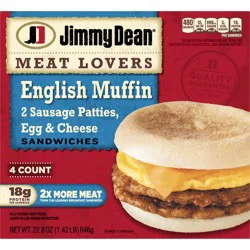 Jimmy Dean Meat Lovers English Muffin Breakfast Sandwiches with Two Sausage Patties, Egg, and Cheese, Frozen, 4 Count
