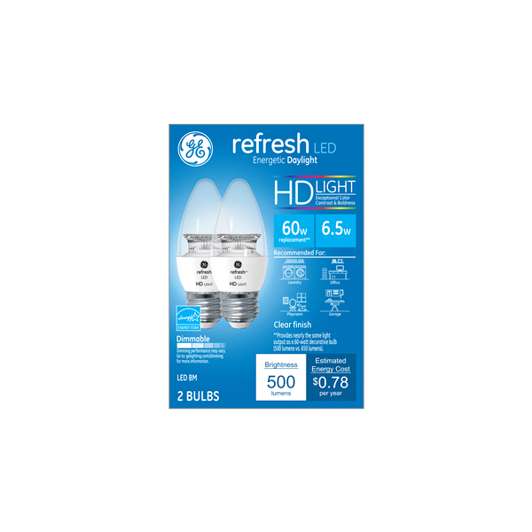 slide 1 of 1, GE Refresh Daylight HD 60W Replacement LED Light Bulbs Decorative Blunt Tip Medium Base BM, 2 ct