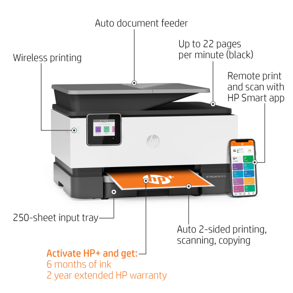 slide 7 of 10, HP Officejet Pro 9015E All-In-One Wireless Color Printer With HP+ (1G5L3A), 1 ct