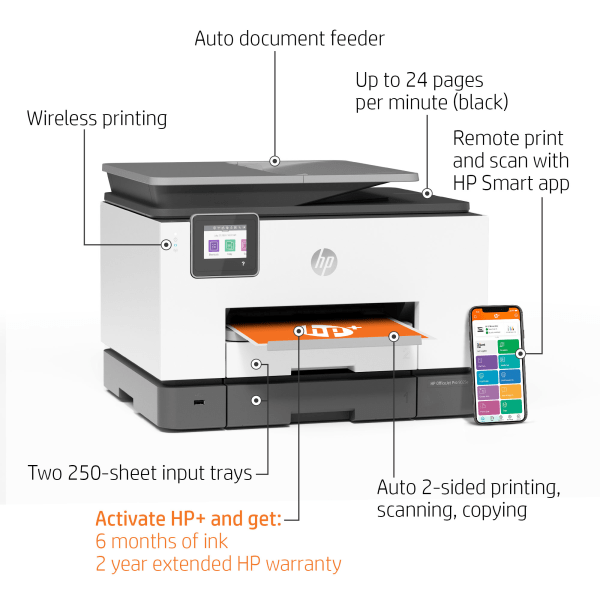 slide 9 of 10, HP Officejet Pro 9025E All-In-One Wireless Color Printer, With HP+ (1G5M0A), 1 ct