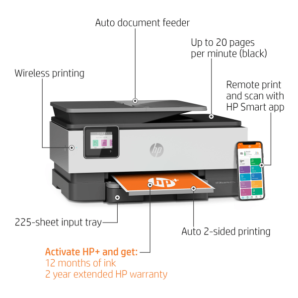 slide 3 of 10, HP Officejet Pro 8035E Wireless Inkjet All-In-One Color Printer With HP+, Basalt, 1L0H6A#B1H, 1 ct