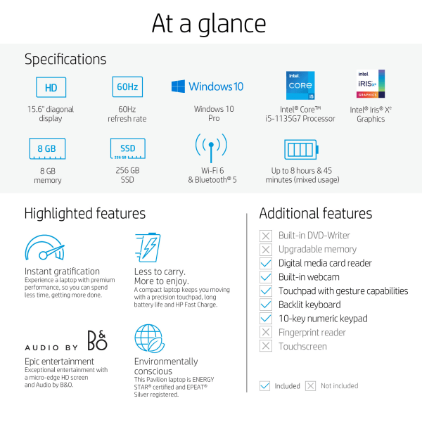 slide 6 of 9, HP Pavilion 15-Eg0025Od Laptop, 15.6'' Screen, Intel Core I5, 8Gb Memory, 256Gb Solid State Drive, Wi-Fi 6, Windows 10, 299L8Ua#Aba, 1 ct