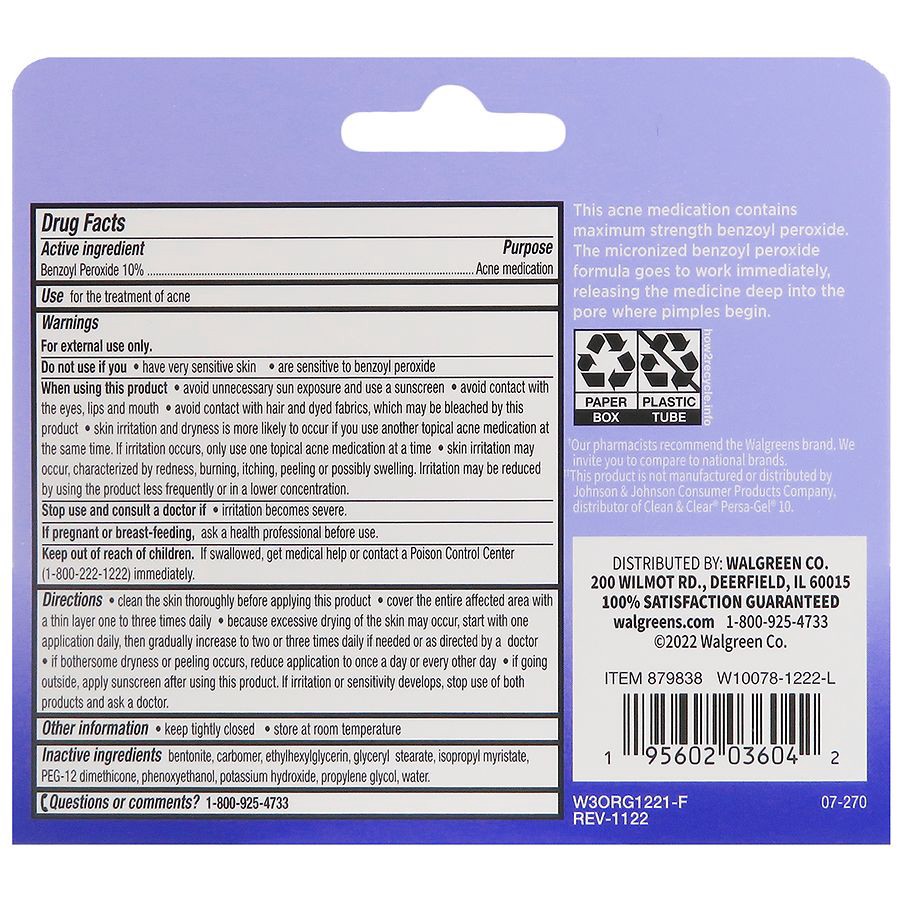slide 3 of 4, Walgreens Maximum Strength Acne Treatment Gel with 10% Benzoyl Peroxide, 1 oz