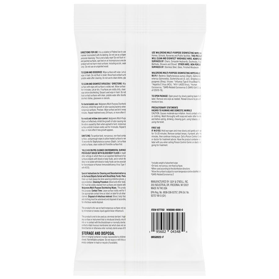 slide 5 of 5, Walgreens Multi-Purpose Disinfecting Wipes, 15 ct