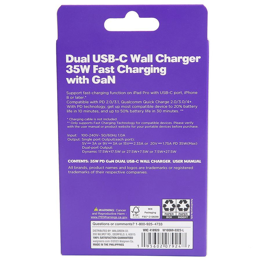 slide 2 of 3, Infinitive Dual USB-C Wall Charger 35W Fast Charging With GaN, 1 ct
