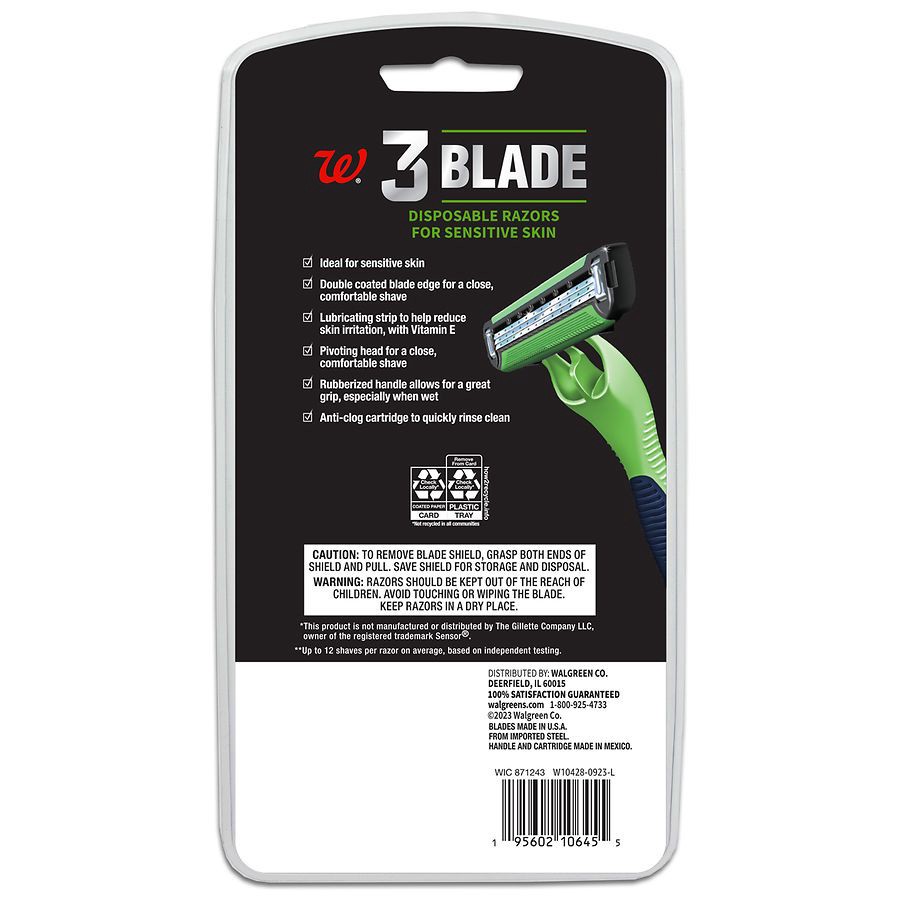 slide 2 of 2, Walgreens 3 Blade Disposable Razors for Sensitive Skin, 7 ct