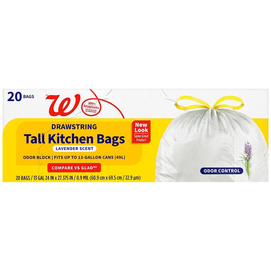 slide 5 of 5, Walgreens Drawstring Tall Kitchen Bags Lavender, White, 13 gal 20 ct