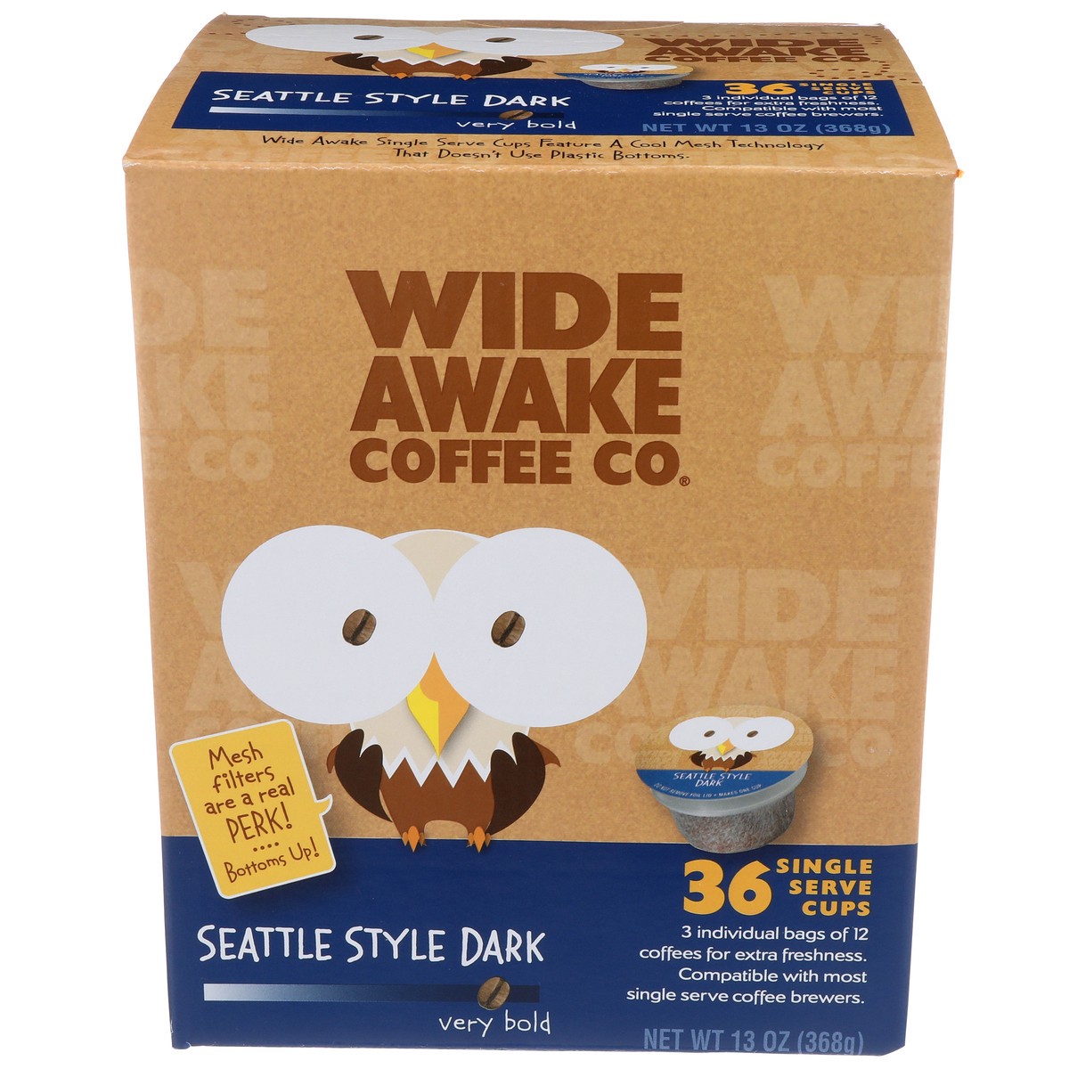 slide 1 of 11, Wide Awake Coffee Co. Very Bold Roast Seattle Style Dark 100% Arabica Coffee Single Serve Cups, 36 ct