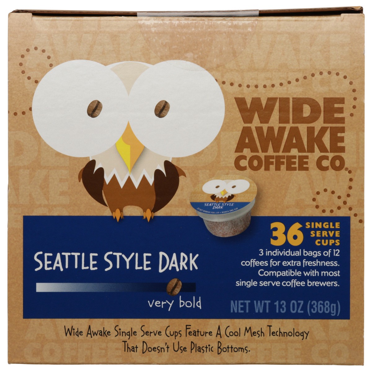 slide 10 of 11, Wide Awake Coffee Co. Very Bold Roast Seattle Style Dark 100% Arabica Coffee Single Serve Cups, 36 ct