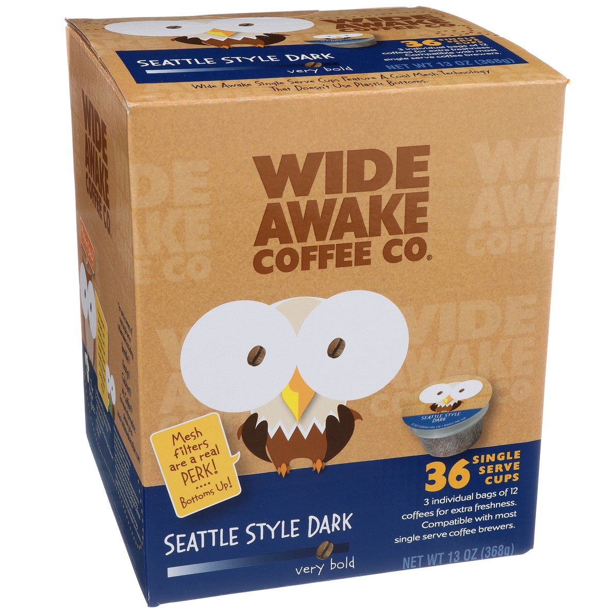 slide 4 of 11, Wide Awake Coffee Co. Very Bold Roast Seattle Style Dark 100% Arabica Coffee Single Serve Cups, 36 ct