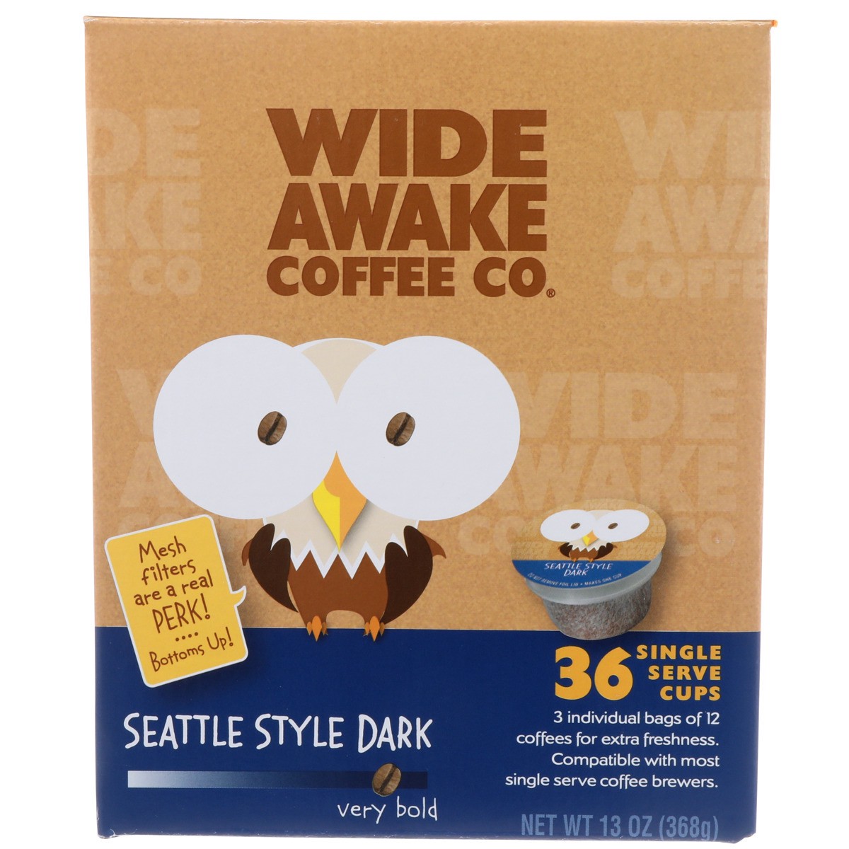 slide 11 of 11, Wide Awake Coffee Co. Very Bold Roast Seattle Style Dark 100% Arabica Coffee Single Serve Cups, 36 ct