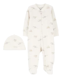 Carters Baby 2-Piece 2-Way Zip Elephant Cotton Sleep & Play Pajamas & Cap Set Ivory 3M