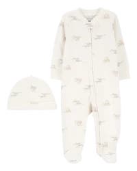 Carters Baby 2-Piece 2-Way Zip Elephant Cotton Sleep & Play Pajamas & Cap Set Ivory 3M