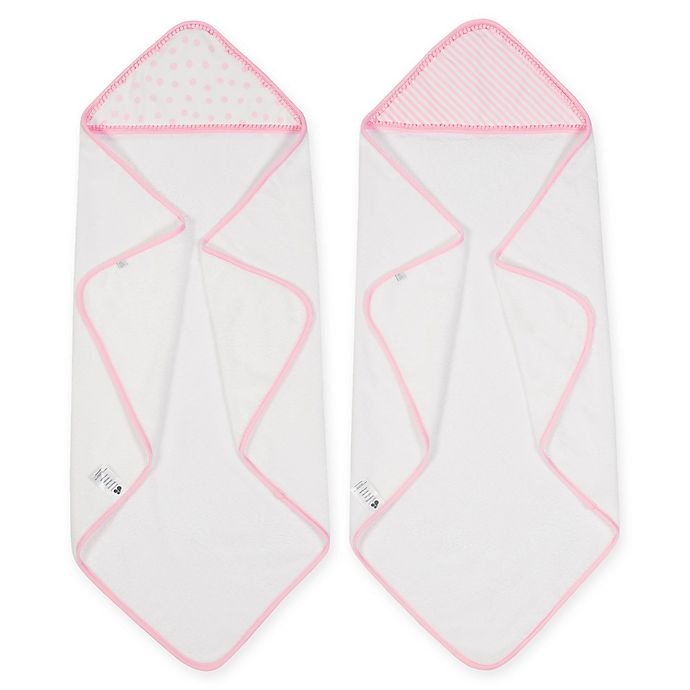 slide 1 of 2, Just Born Pom Pom Hooded Towels - Pink/White, 2 ct