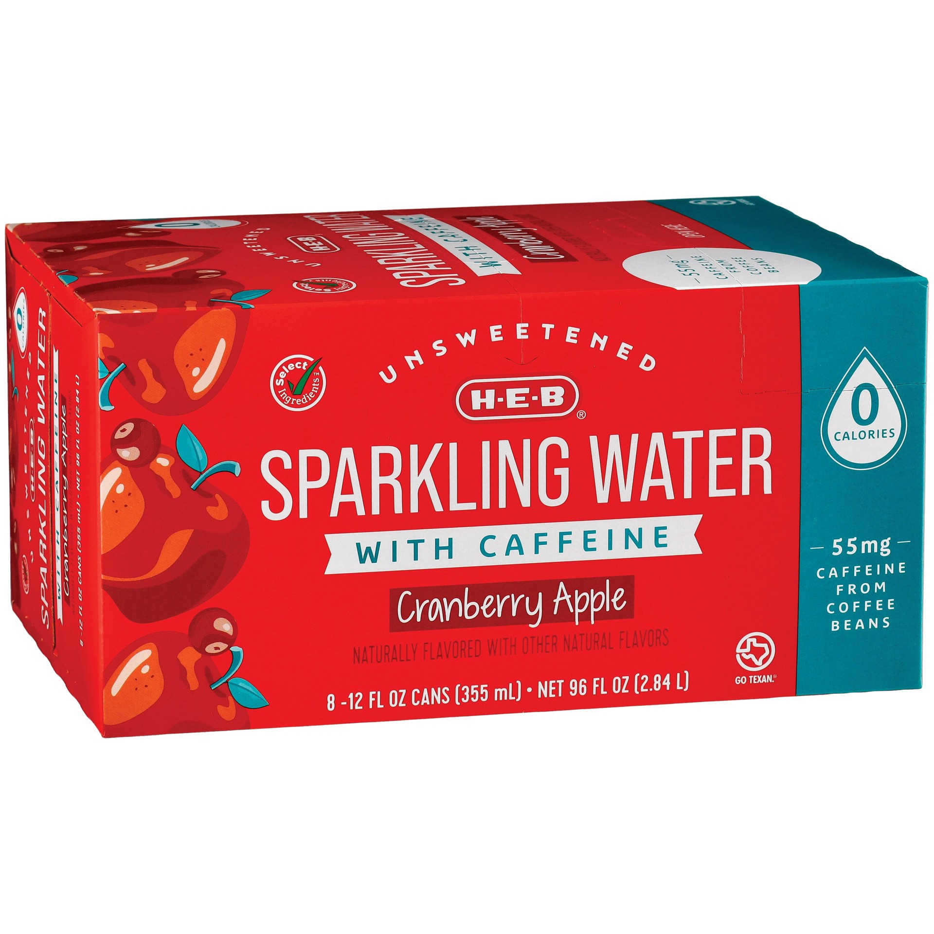 slide 1 of 1, H-E-B Unsweetened Caffeinated Sparkling Water 8 pk Cans - Cranberry Apple, 8 ct