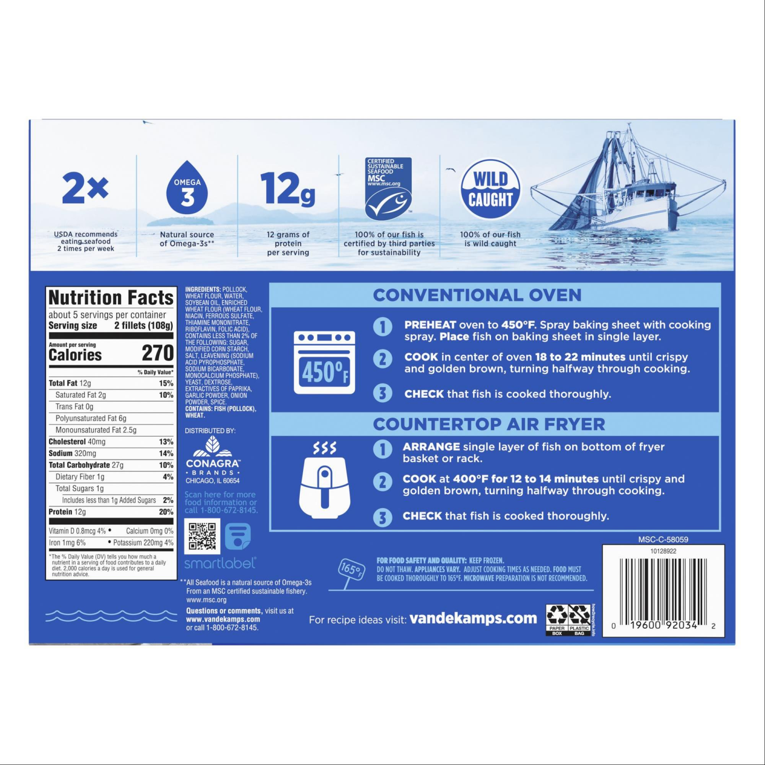 slide 3 of 8, Van de Kamp's Crunchy Breaded 100% Whole Fish Fillets, Frozen, 19 oz. 10-Count, 10 ct