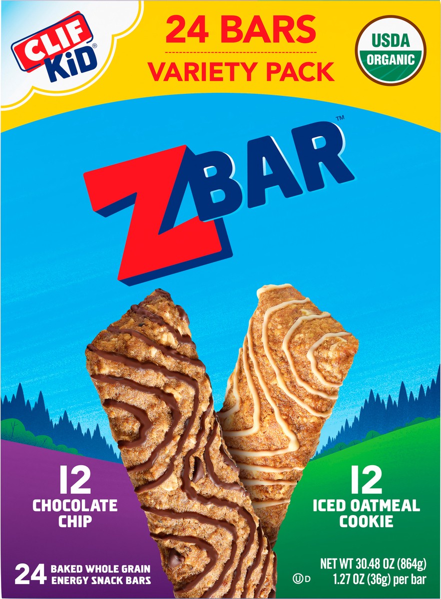 slide 9 of 9, Zbar - Chocolate Chip and Iced Oatmeal Cookie - Variety Pack - Soft Baked Whole Grain Snack Bars - USDA Organic - Non-GMO - Plant-Based - 1.27 oz. (24 Count), 30.48 oz