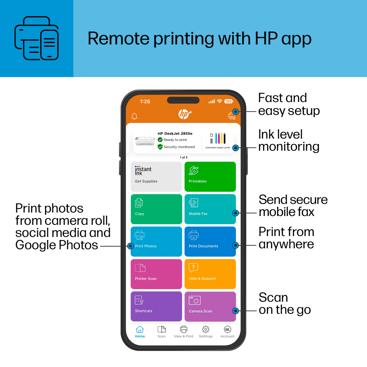 slide 3 of 8, HP Inc. HP DeskJet 2855e Wireless All-in-One Color Printer Scanner Copier with Instant Ink and HP+ (588S5A), 1 ct