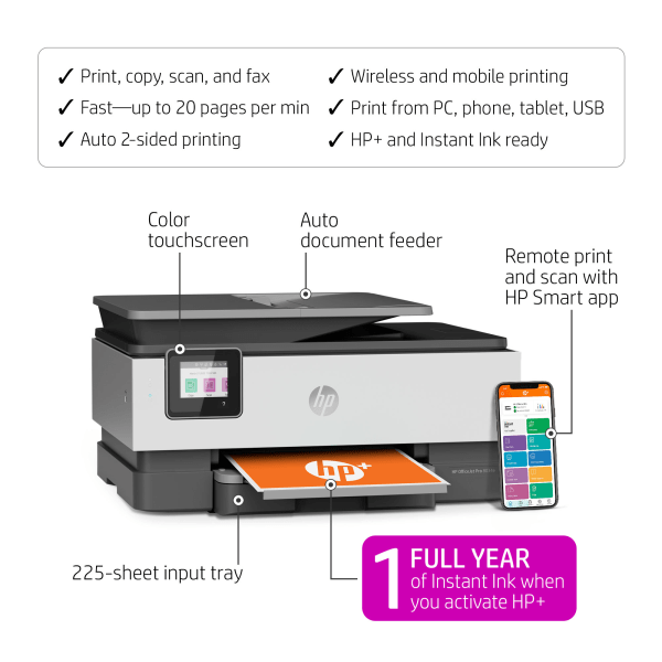 slide 5 of 10, HP Officejet Pro 8034e Wireless Color All-In-One Printer With 1 Full Year Instant Ink With + (1l0j0a), 1 ct