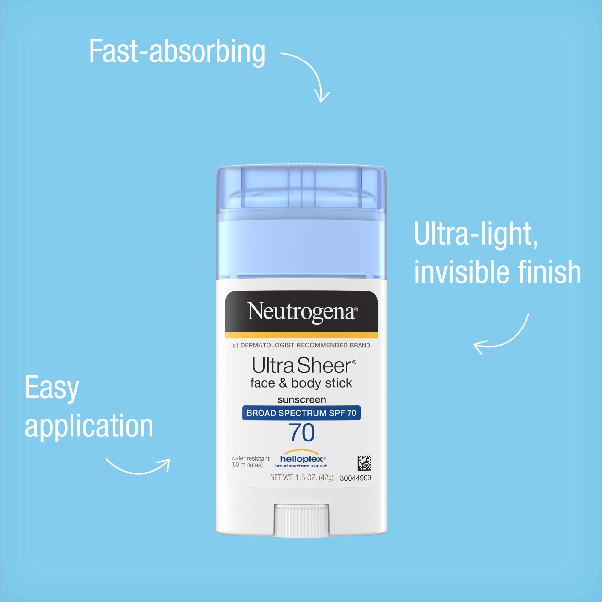 slide 3 of 5, Neutrogena Ultra Sheer Non-Greasy Sunscreen Stick for Face & Body, Broad Spectrum SPF 70 UVA/UVB Sunscreen Stick, PABA-Free, 1.5 oz, 1.5 oz