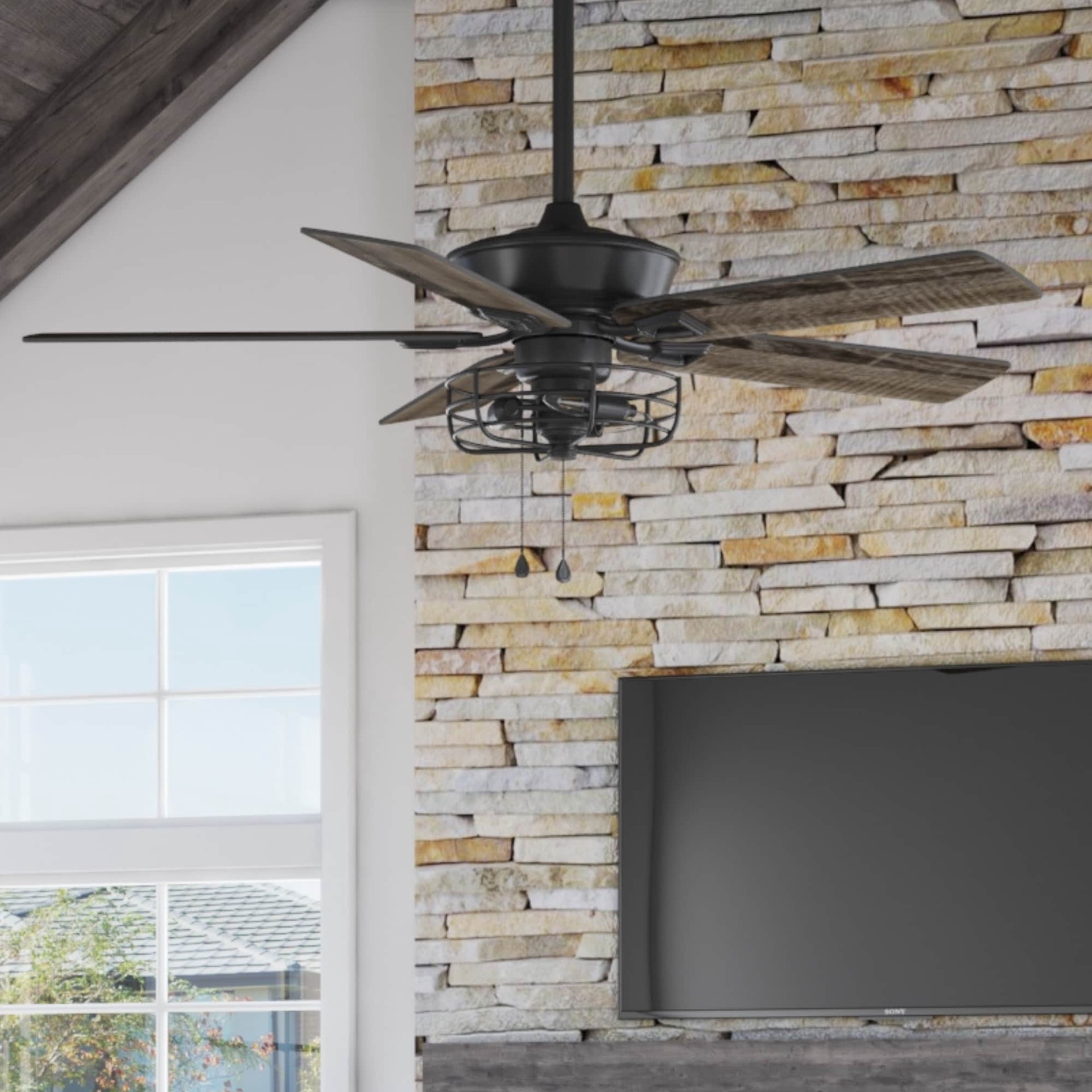 slide 1 of 6, Harbor Breeze Hamilton 52-in Matte black with Driftwood/Sienna Blades Downrod or Flush Mount Ceiling Fan With Light and Pull Chain Included 5 -Blade, 1 ct